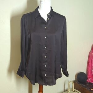 T Tahari Black Satin Finish Tailored Button Up Shirt Size XS